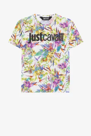 T-shirt en coton à imprimé floral et logo Just Cavalli