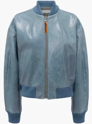 Blue leather bomber clearance jacket