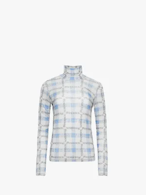 LOGO GRID CHECK PRINT SHEER LONG SLEEVE TOP in blue JW Anderson GB