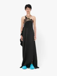 ONE SHOULDER ASYMMETRIC LACE SLIP DRESS in black | JW