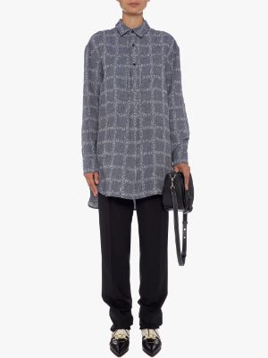 Women's Navy Logo Grid Tunic Linen Shirt in blue | JW Anderson