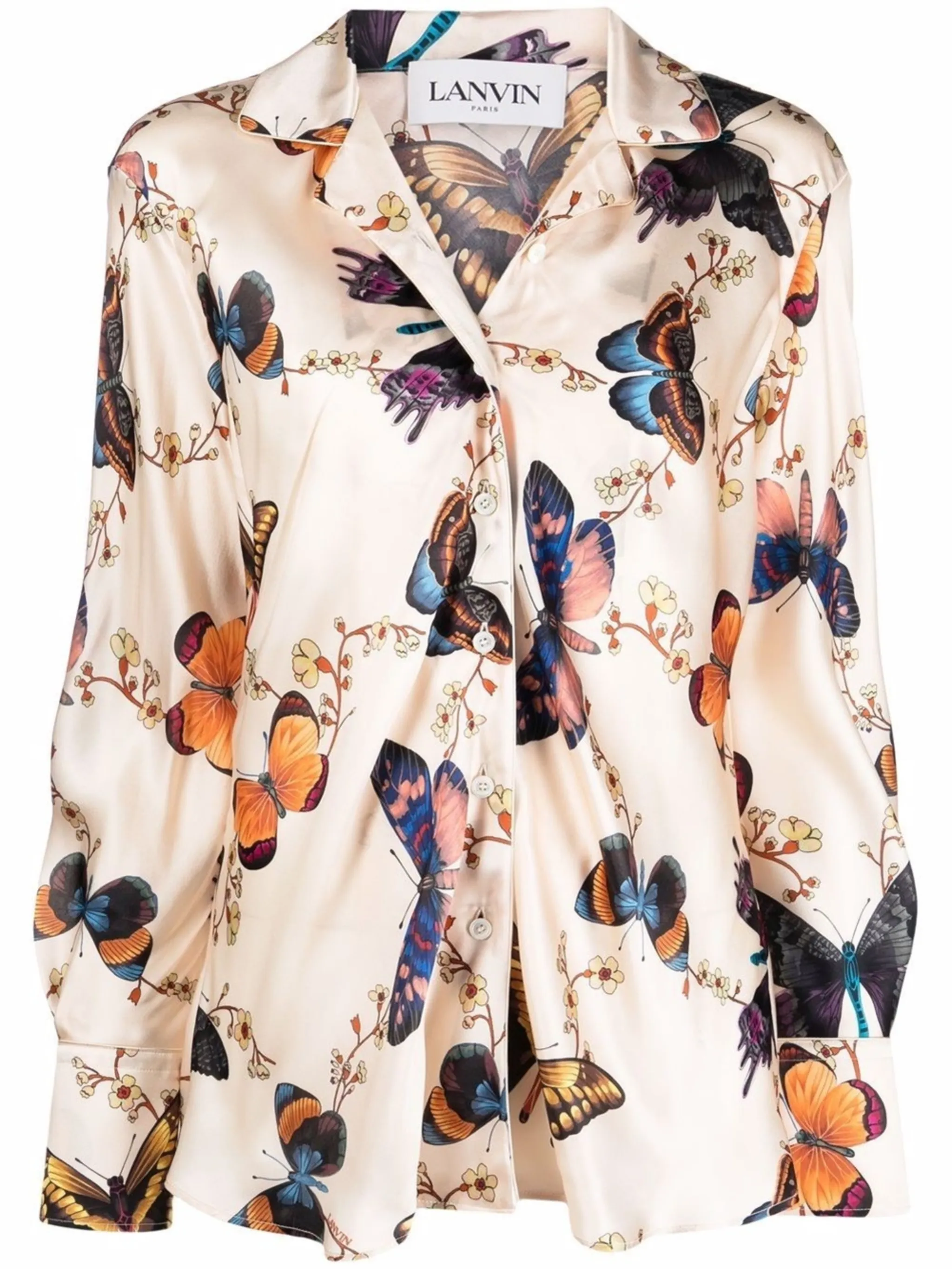 Lanvin Vintage 70s Polyester Satin Floral Blouse Shirt Bohemian Unionmade  Sz 12