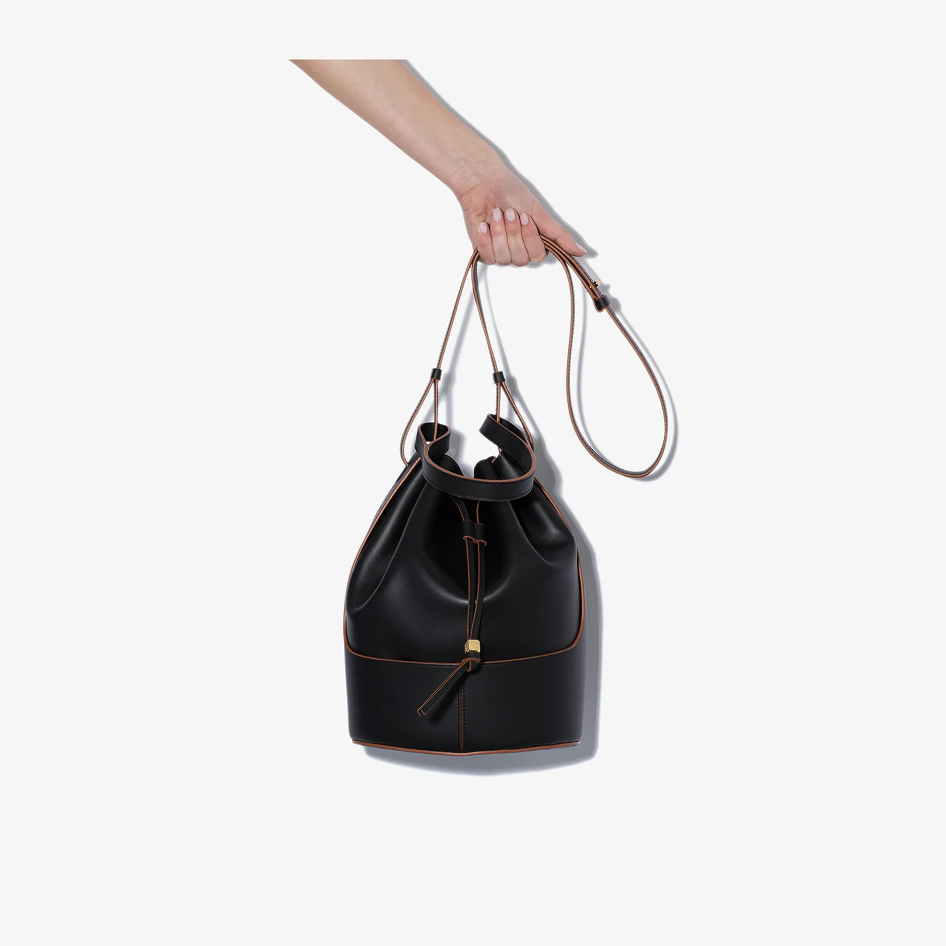 large black leather bucket bag