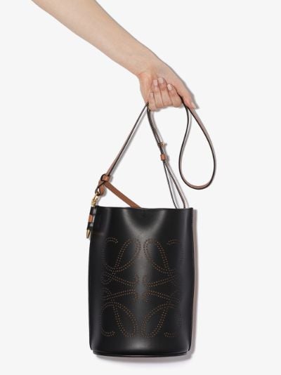 black leather bucket handbag