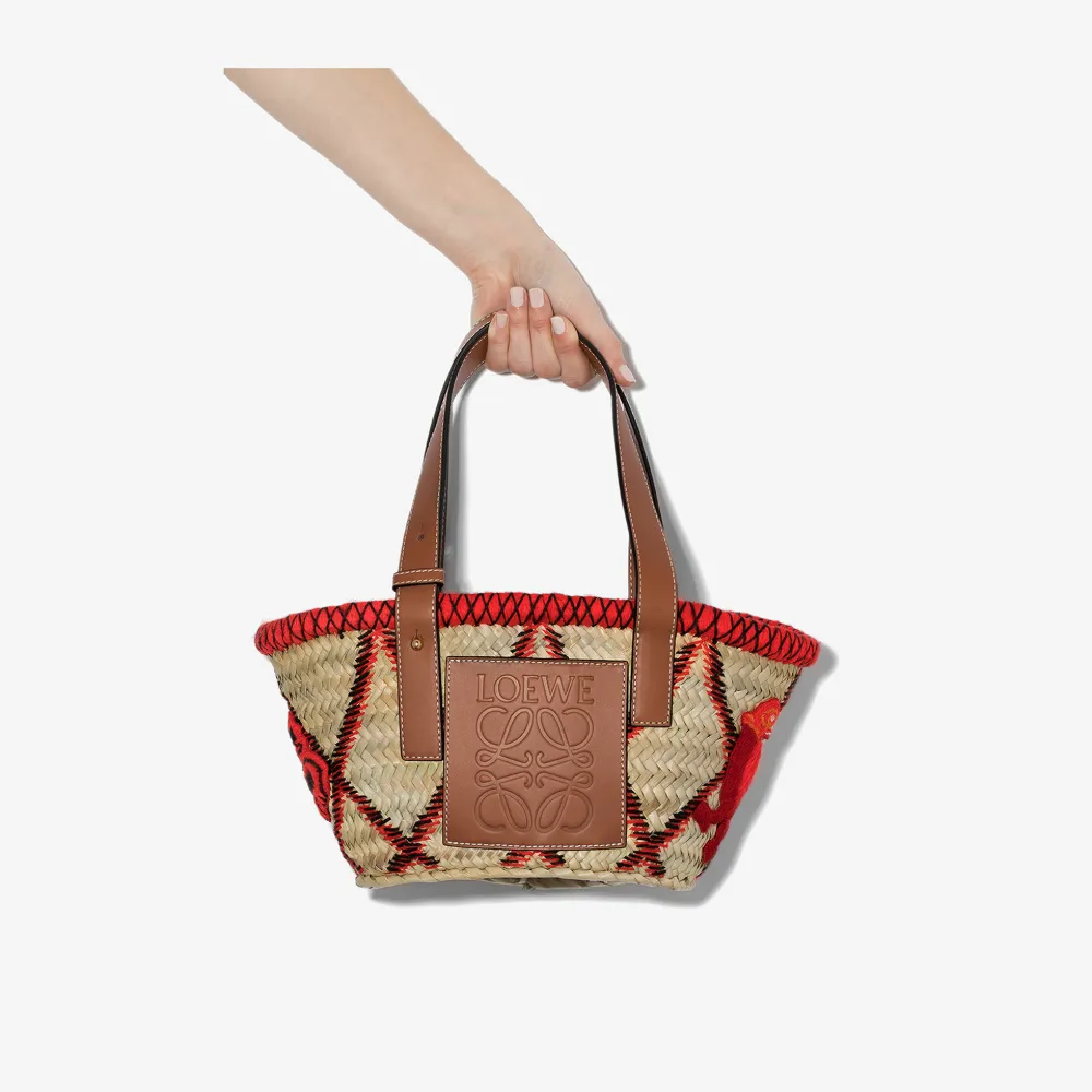 Loewe Neutral Embroidered Straw Basket Bag Browns