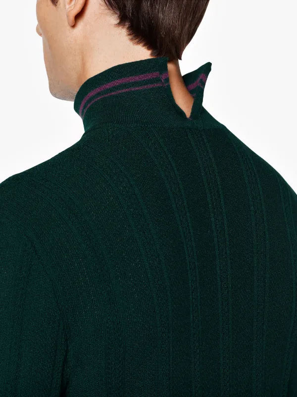 Green & Burgundy Cotton Blend 0003 V-Neck Sweater