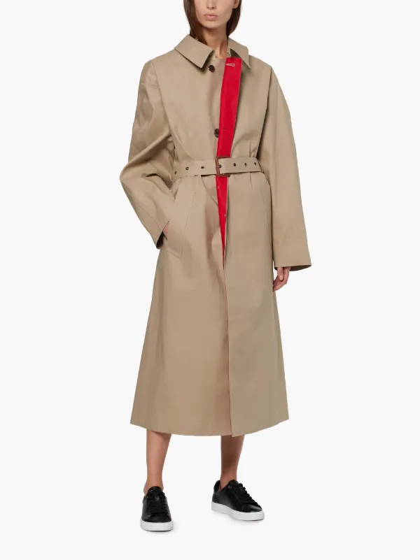 Beige & Red Bonded Cotton Oversized Trench Coat