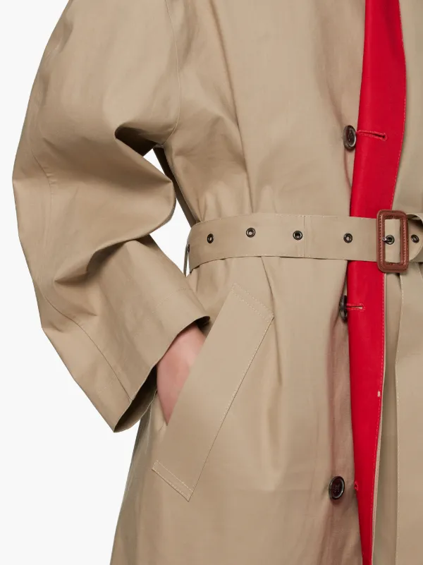 Beige & Red Bonded Cotton Oversized Trench Coat