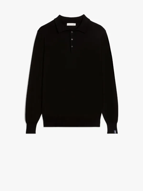 Black Cotton Long Sleeve Polo Shirt