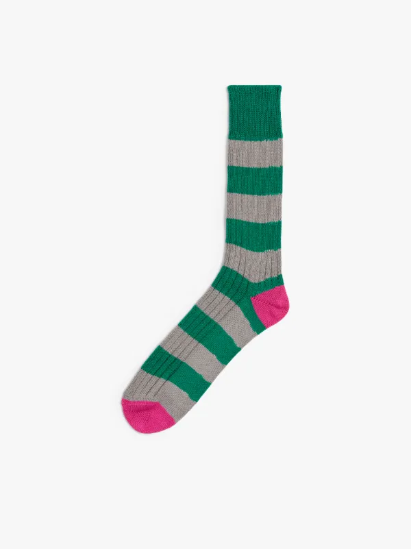 Green, Grey and Fuschia Striped Cotton Socks