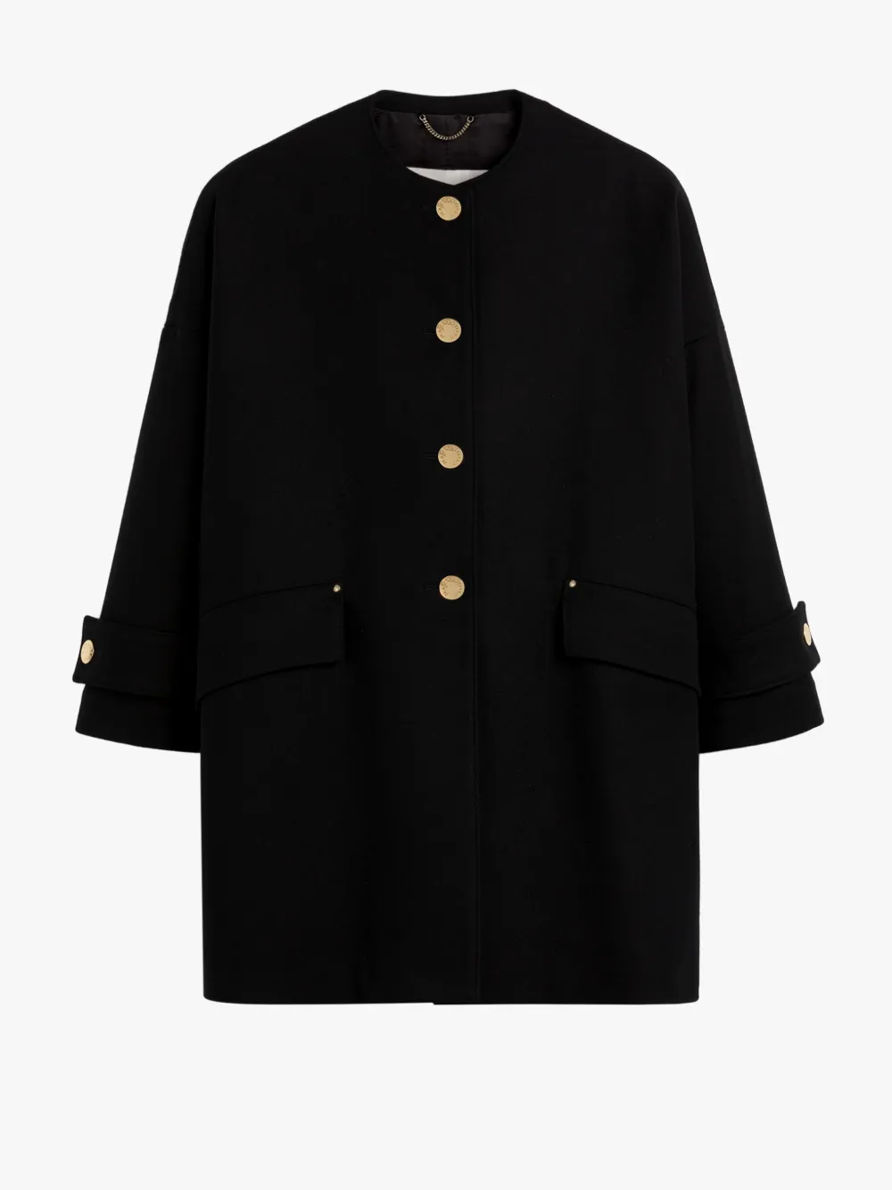 HUMBIE Black Wool Collarless Coat Mackintosh