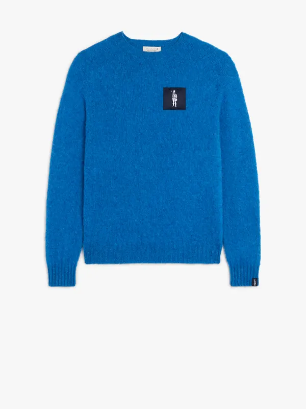 HUTCHINS PATCH Bright Blue Wool Crew Neck Sweater