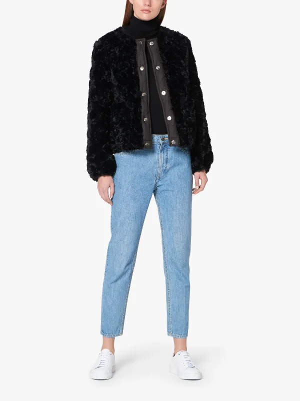 KEISS Black Eco Fur Quilted Collarless Jacket | LQ-1008