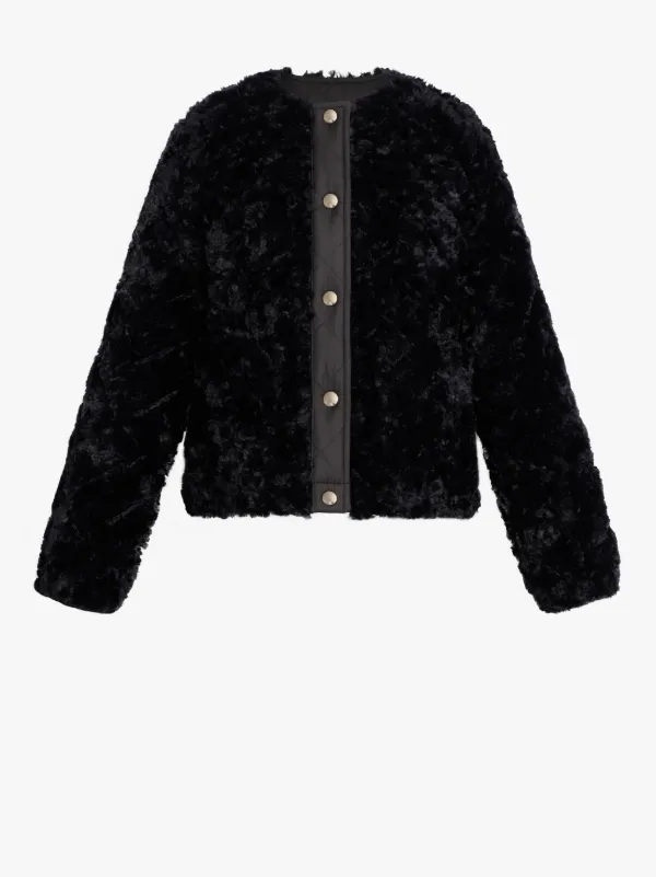 KEISS Black Eco Fur Quilted Collarless Jacket | LQ-1008