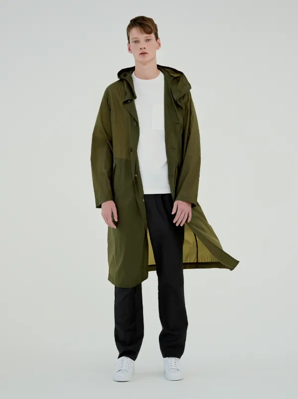 Khaki Micro Ripstop Nylon Oversized Hooded Coat | GM-139