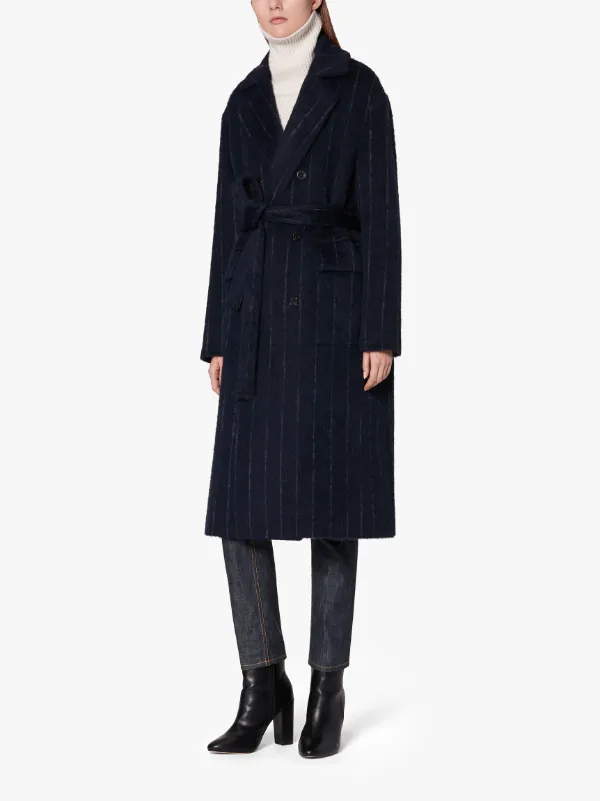 LAURENCEKIRK Navy Chalk Stripe Wool Blend Trench Coat | LM-1009F