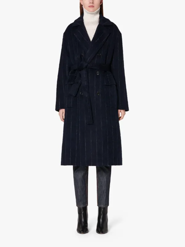 LAURENCEKIRK Navy Chalk Stripe Wool Blend Trench Coat | LM-1009F