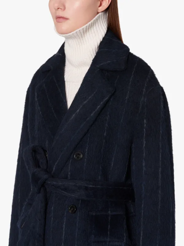 LAURENCEKIRK Navy Chalk Stripe Wool Blend Trench Coat | LM-1009F