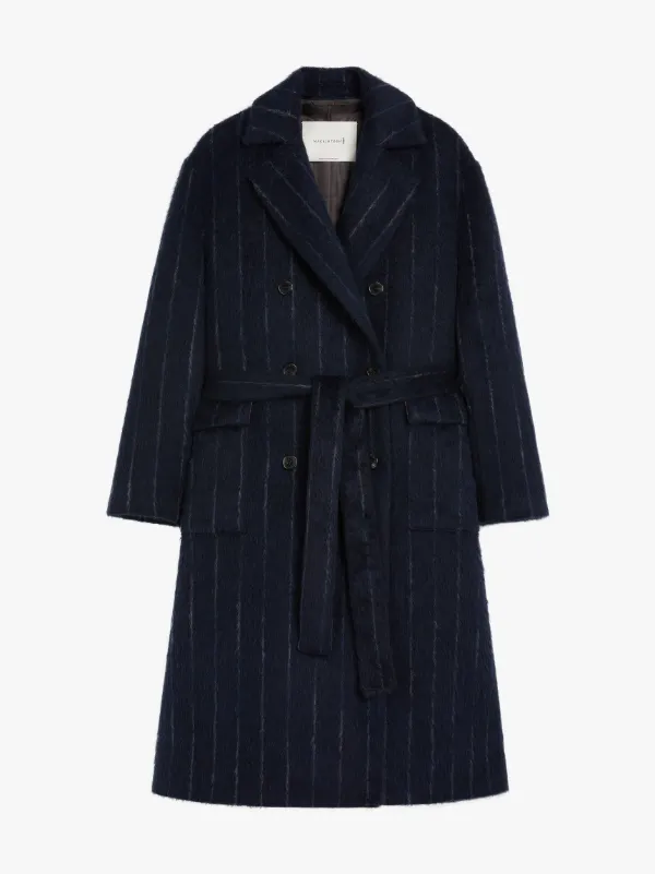 LAURENCEKIRK Navy Chalk Stripe Wool Blend Trench Coat | LM-1009F