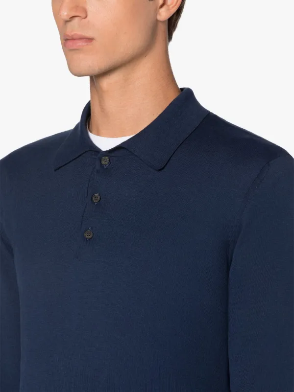 Navy Cotton Long Sleeve Polo Shirt