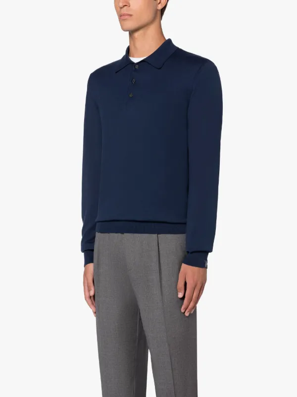 Navy Cotton Long Sleeve Polo Shirt