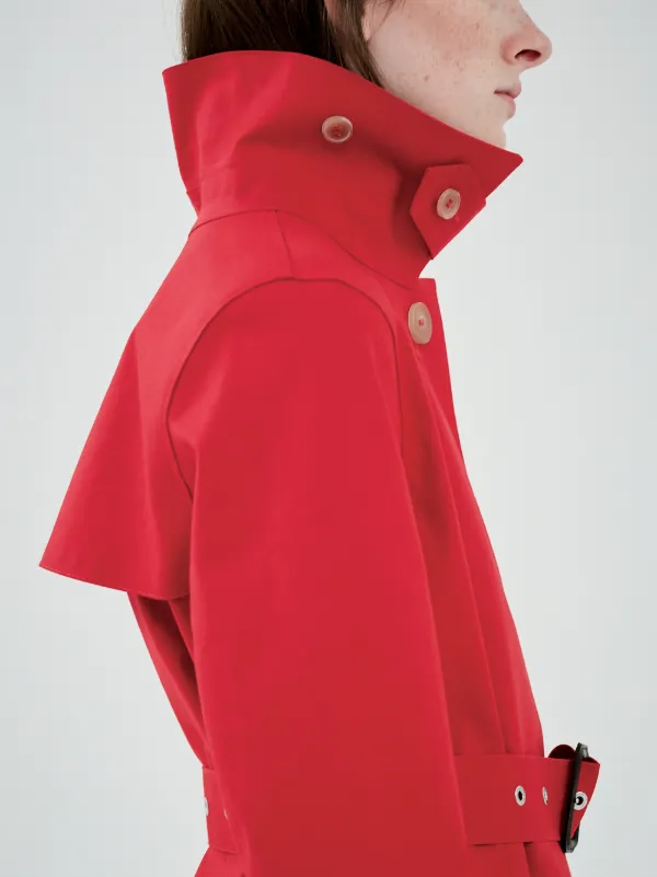 red trench coat with hood