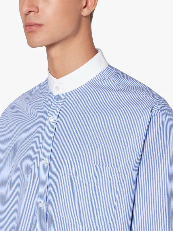 ROMA Navy Stripe Cotton Mandarin Collar Shirt | GSF-300