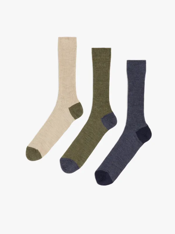 TWC 3-Pack Taupe/Denim/Olive Fine Merino Wool Socks