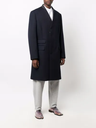 navy collarless coat