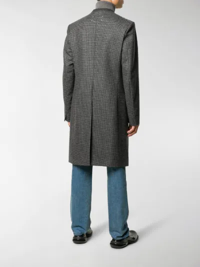 grey collarless coat