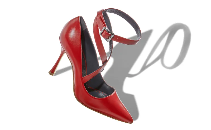 red leather pumps with ankle strap