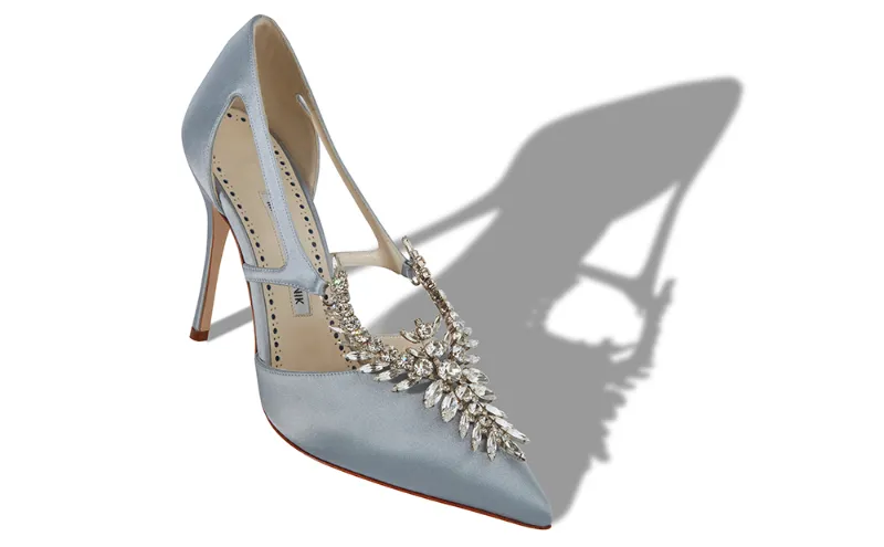 Lala Bride Blue Satin Crystal Embellished Cut Out Pumps Manolo Blahnik