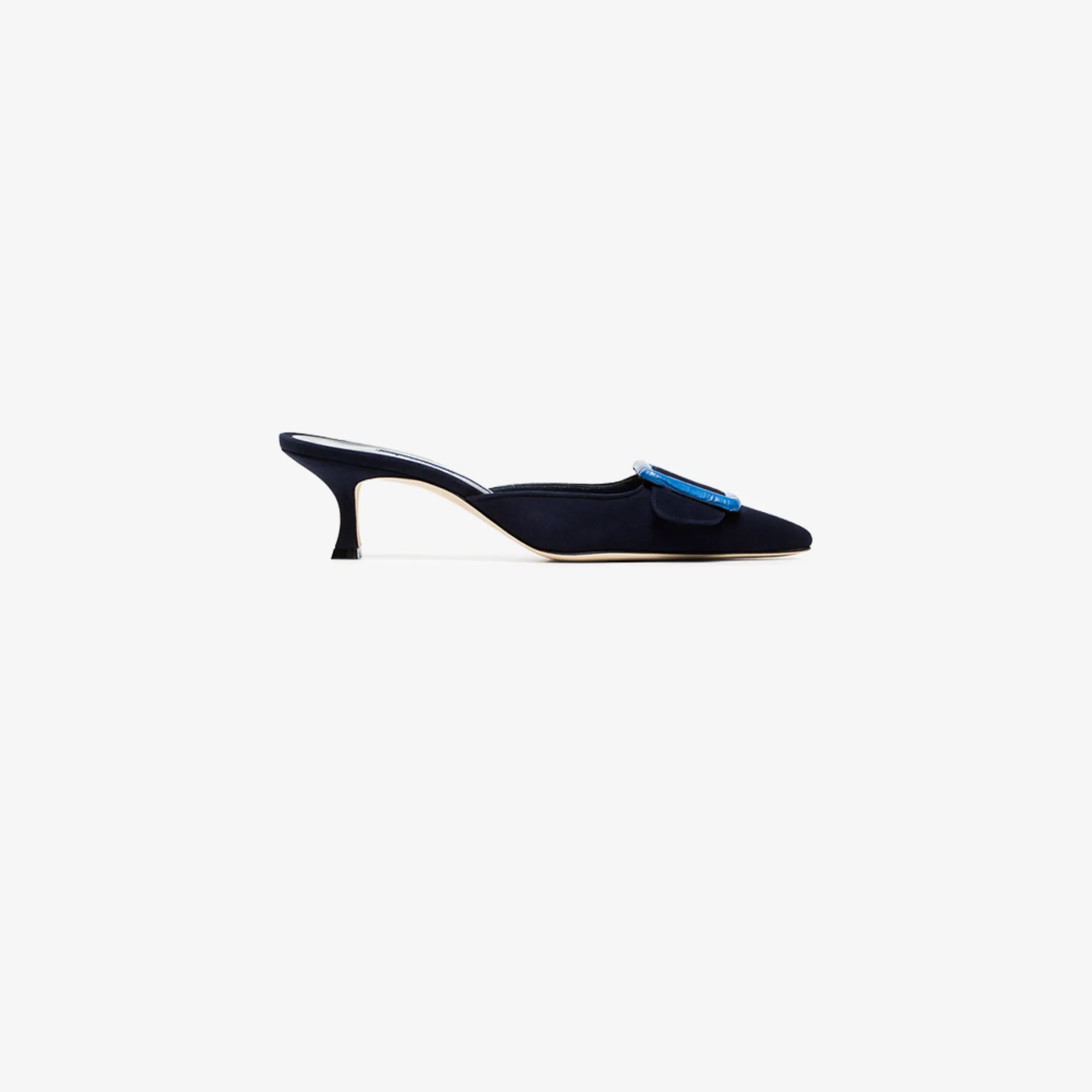 navy blue suede mules