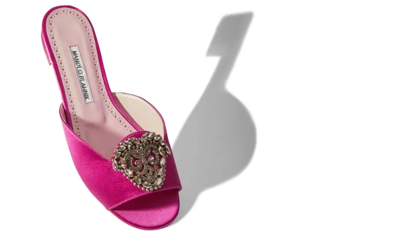 OKKARALDUS | Pink Satin Jewelled Flat Mules | Manolo Blahnik