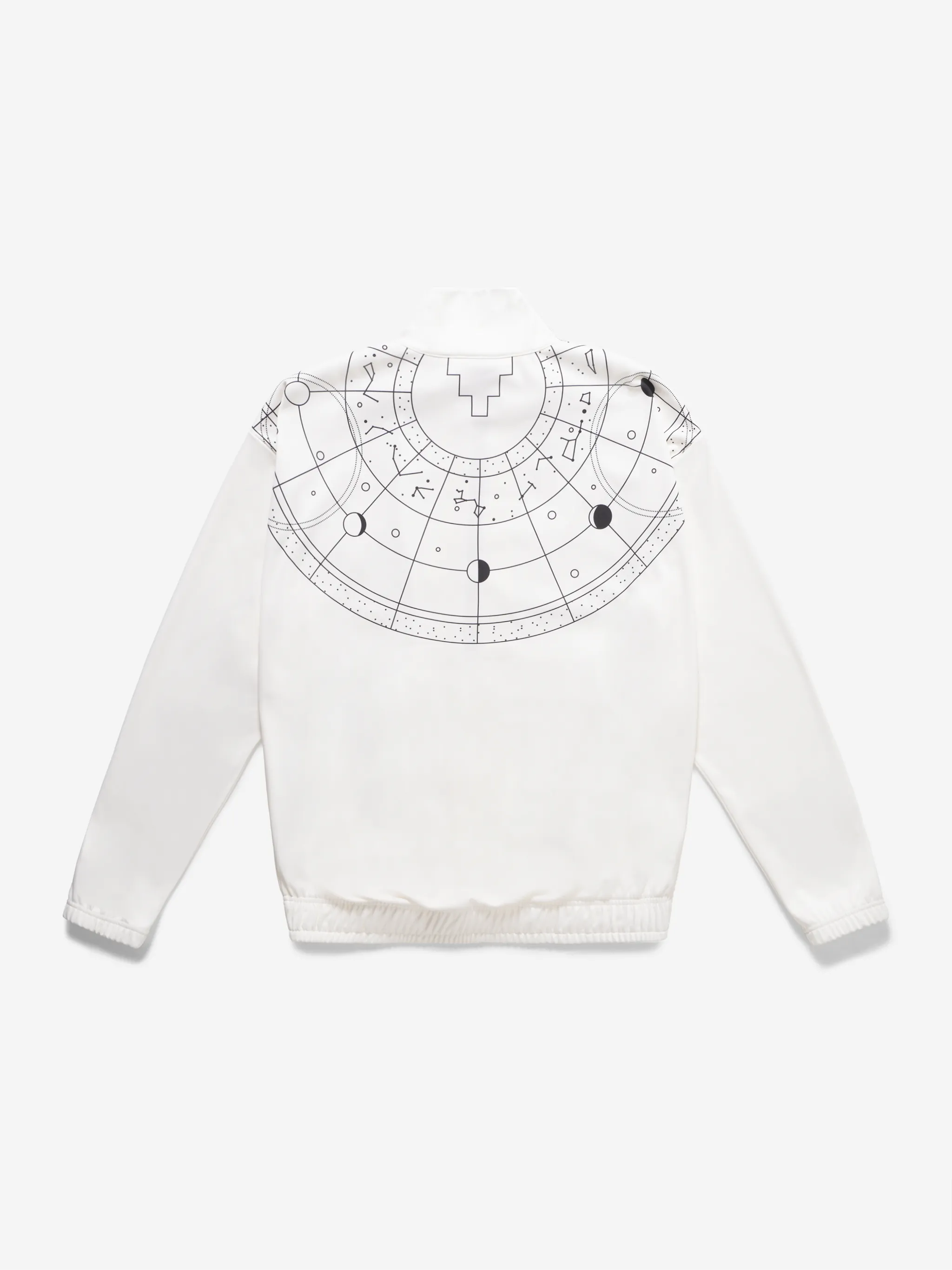 White semi astral print track jacket from Marcelo Burlon County of Milan featuring graphic print at the chest, graphic print to the rear, high neck, front zip fastening, two side welt pockets, long sleeves and elasticated waistband.