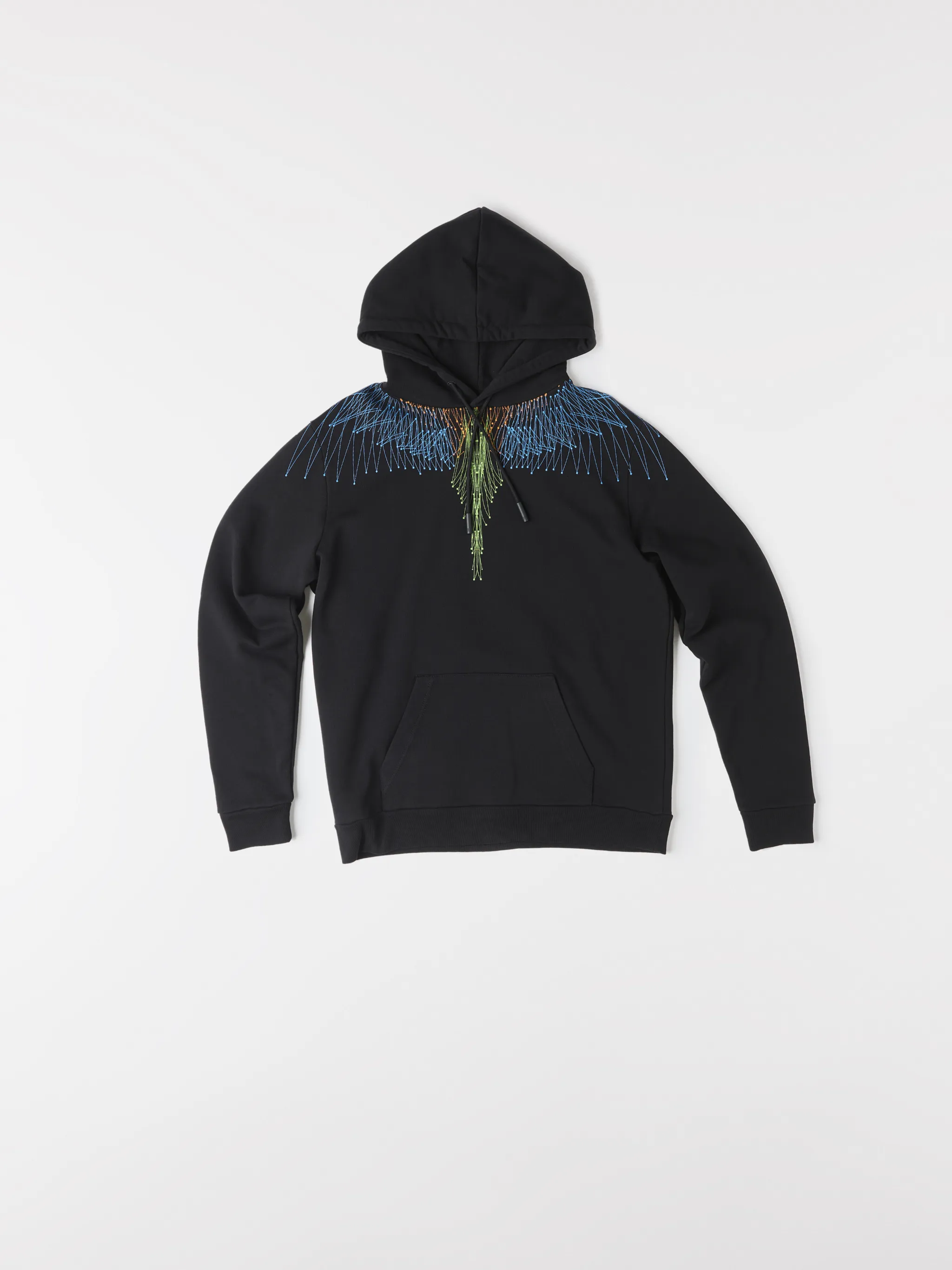 Black/blue/multicolour cotton graphic print hoodie from Marcelo Burlon County of Milan featuring classic hood, graphic print, feather print and long sleeves.