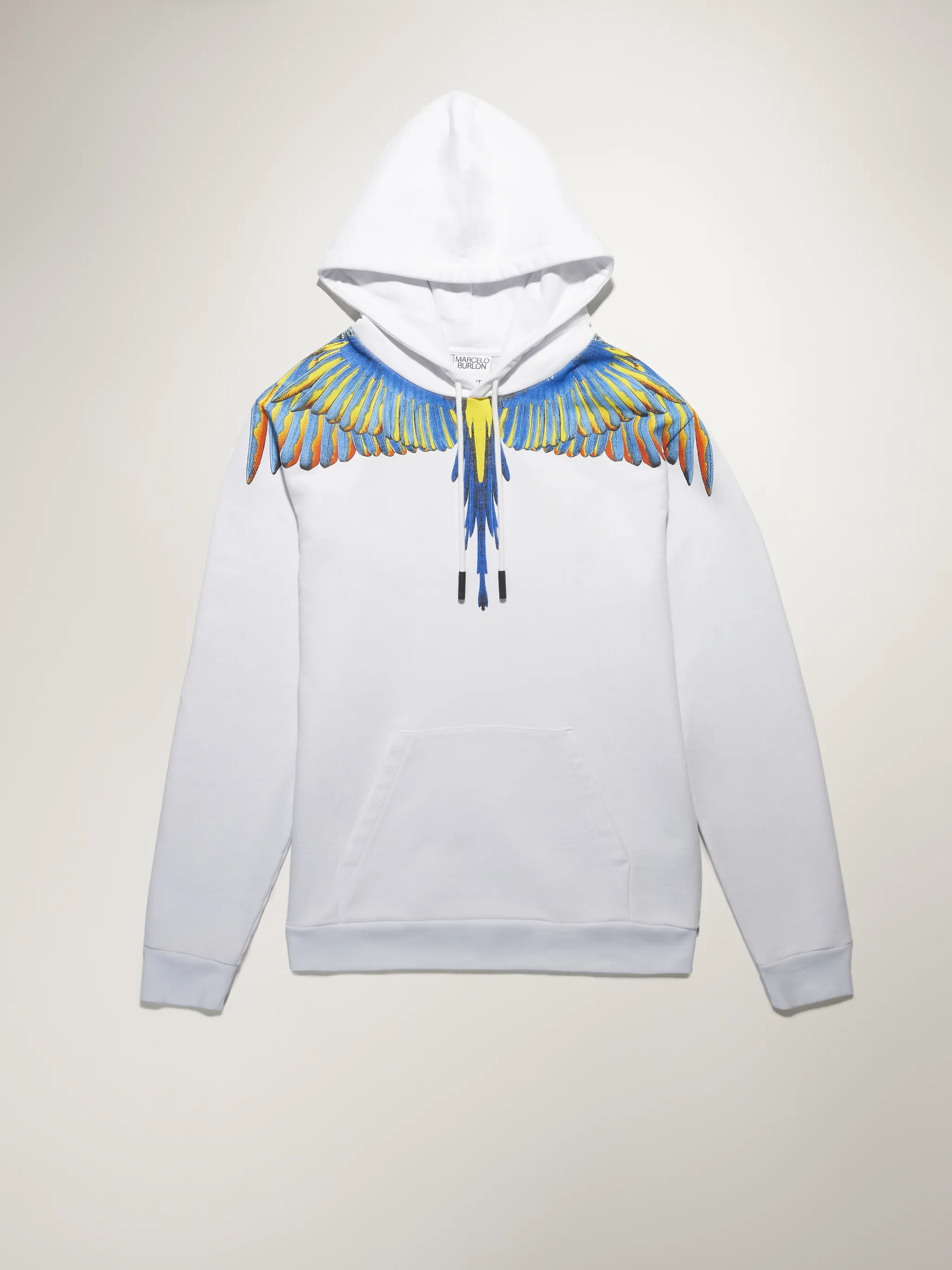 White/blue cotton Wings-print hoodie from Marcelo Burlon County of Milan featuring drawstring hood, wings print, long sleeves and front pouch pocket.