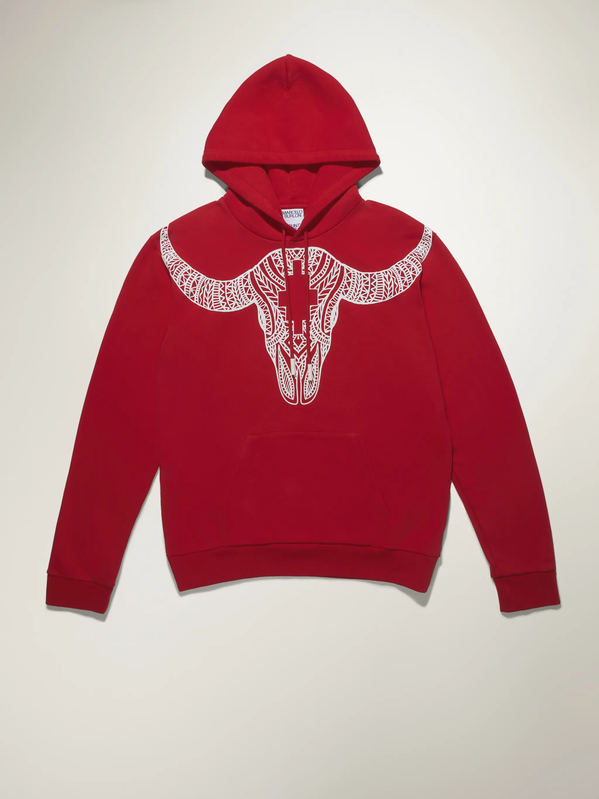 Red cotton buffalo-print cotton hoodie from Marcelo Burlon County of Milan featuring drawstring hood, long sleeves, graphic print and front pouch pocket.