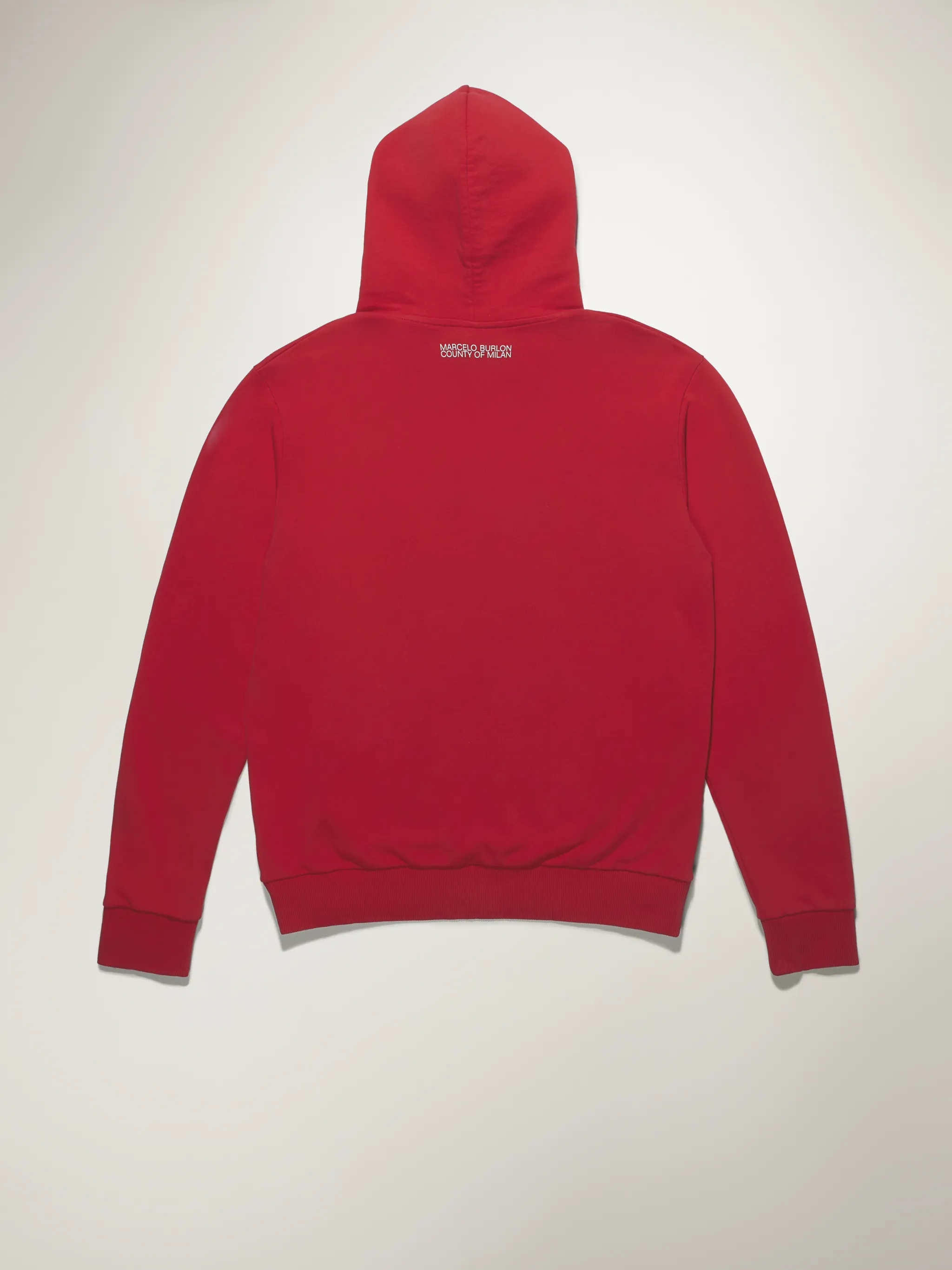 Red cotton buffalo-print cotton hoodie from Marcelo Burlon County of Milan featuring drawstring hood, long sleeves, graphic print and front pouch pocket.