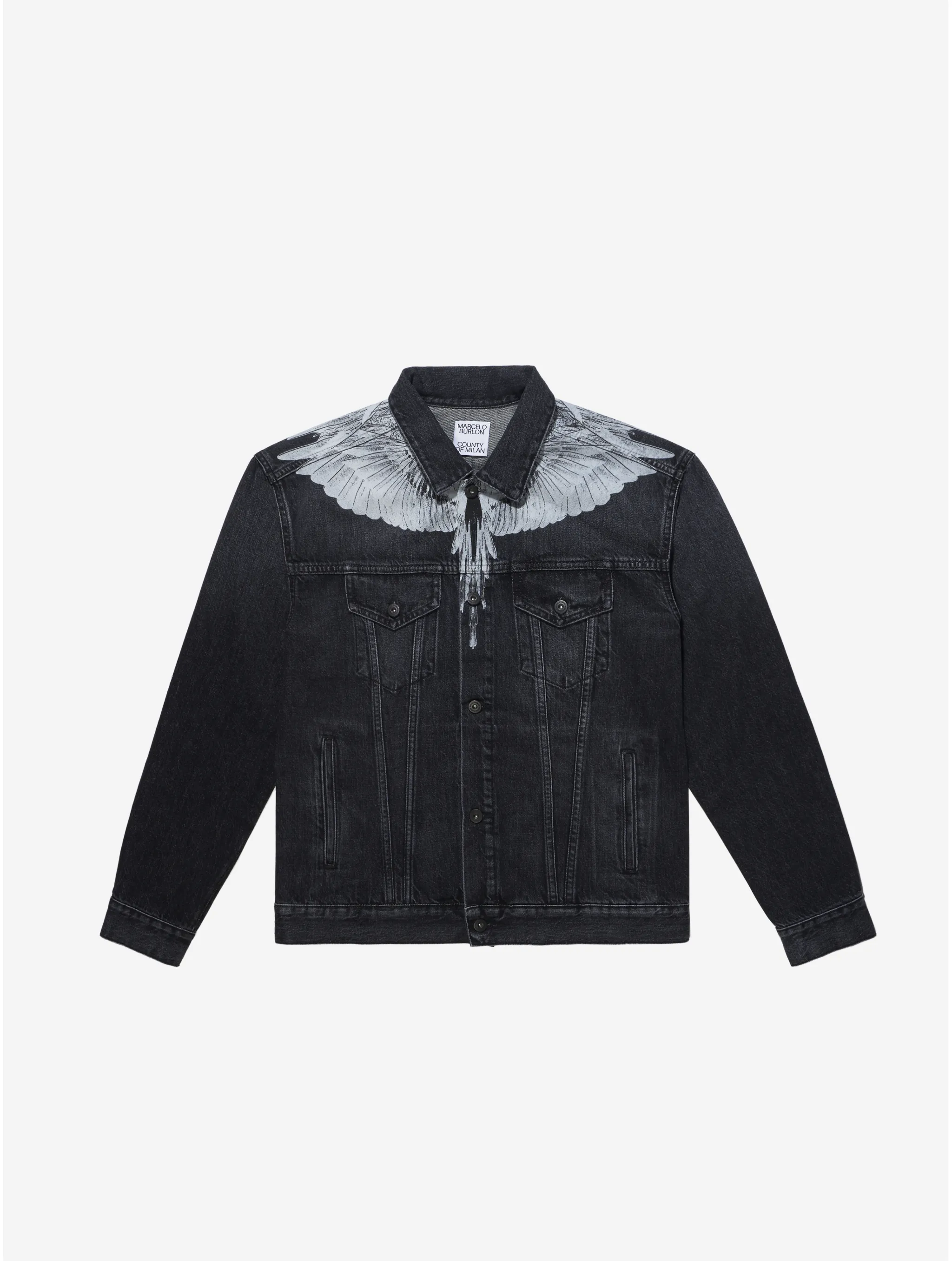 Black/white cotton-denim button-front denim jacket from Marcelo Burlon County of Milan featuring straight-point collar, front button fastening, long sleeves, wings print and front flap pockets.