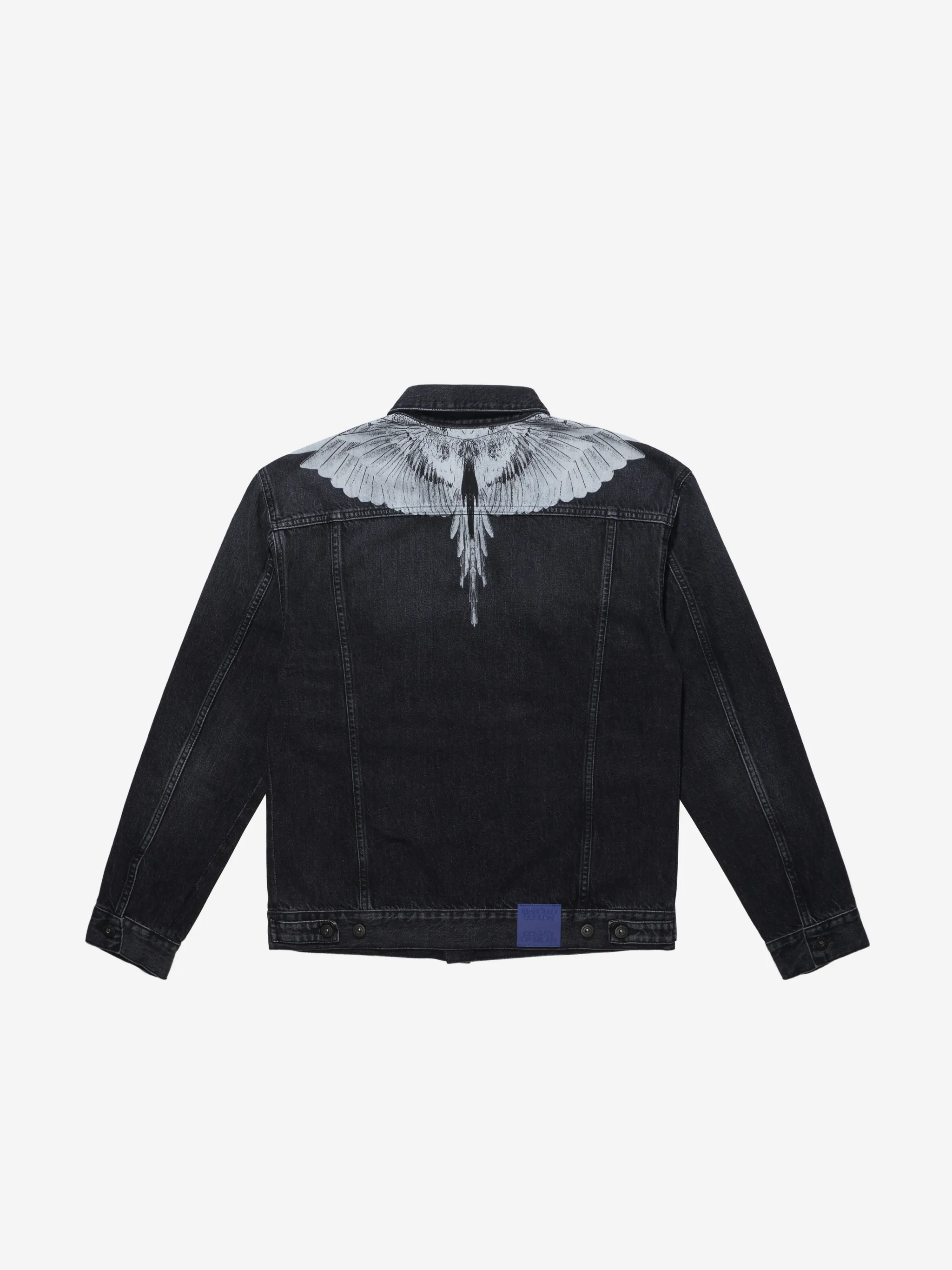 Black/white cotton-denim button-front denim jacket from Marcelo Burlon County of Milan featuring straight-point collar, front button fastening, long sleeves, wings print and front flap pockets.