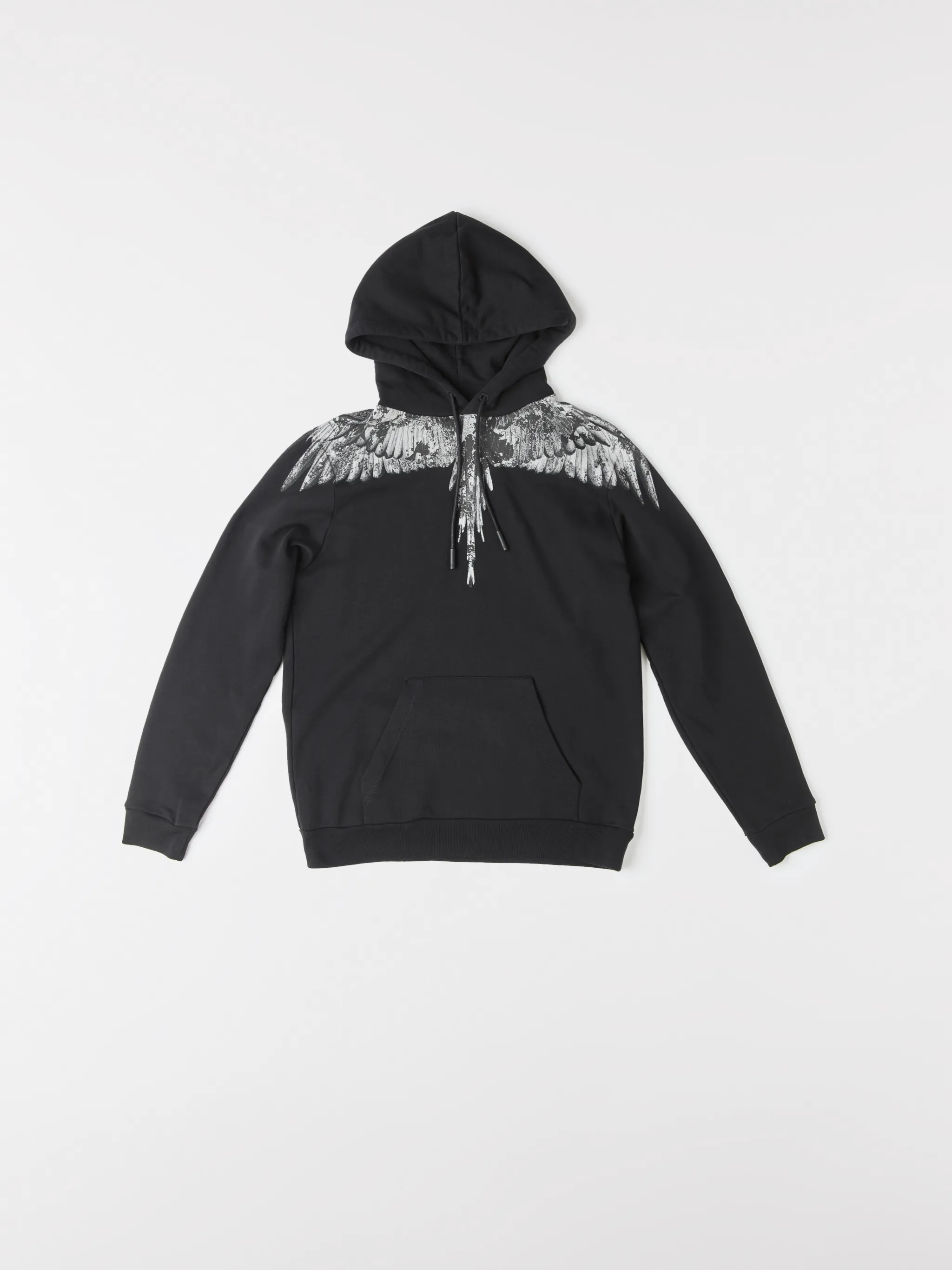Black cotton wings-print hoodie from MARCELO BURLON COUNTY OF MILAN featuring drawstring hood, elasticated cuffs, elasticated hem and front pouch pocket.