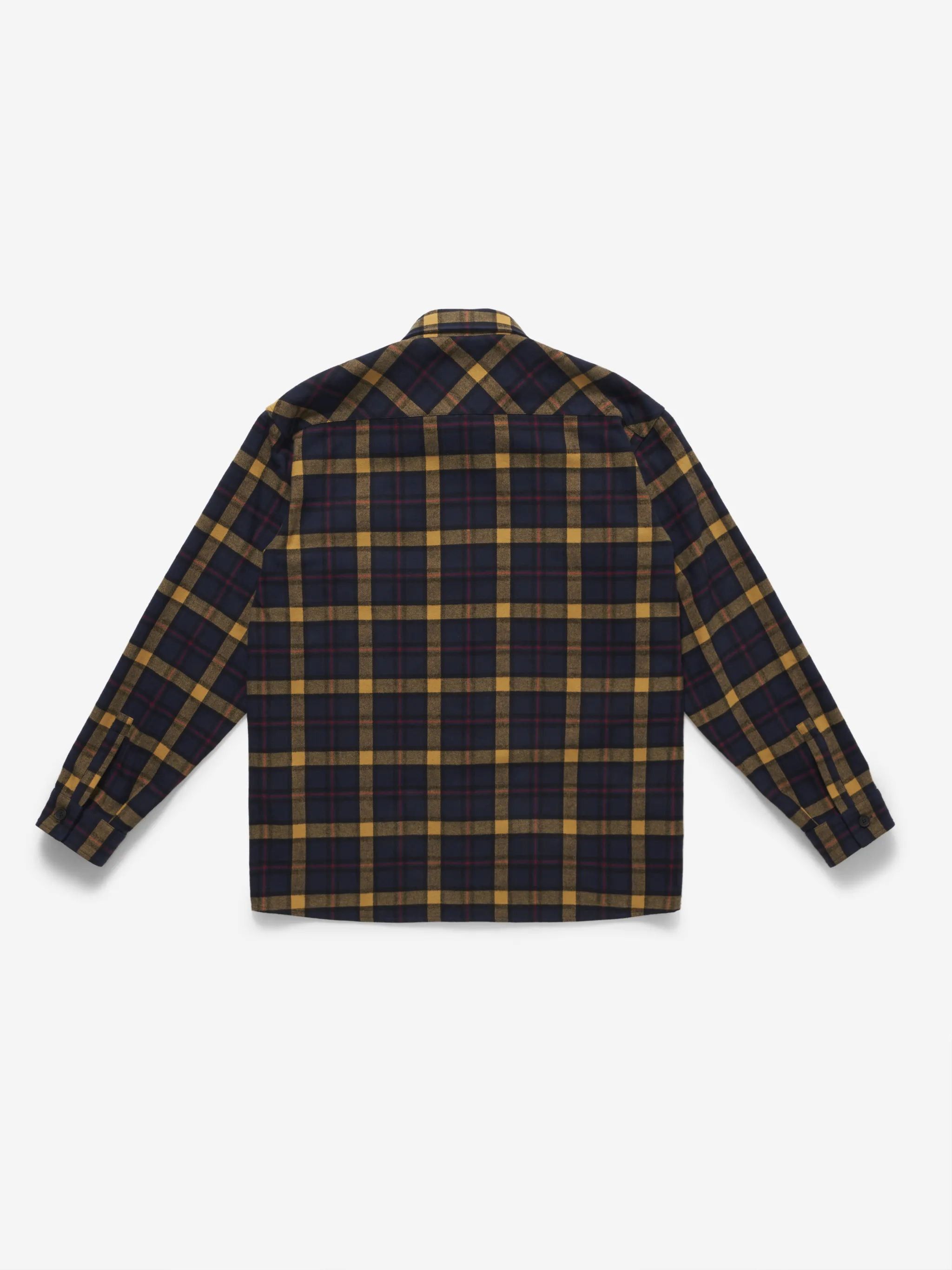 Blue/yellow recycled cotton blend folk check pattern shirt from Marcelo Burlon County of Milan featuring classic collar, front button fastening, two chest patch pockets, curved hem and buttoned-cuff sleeves.