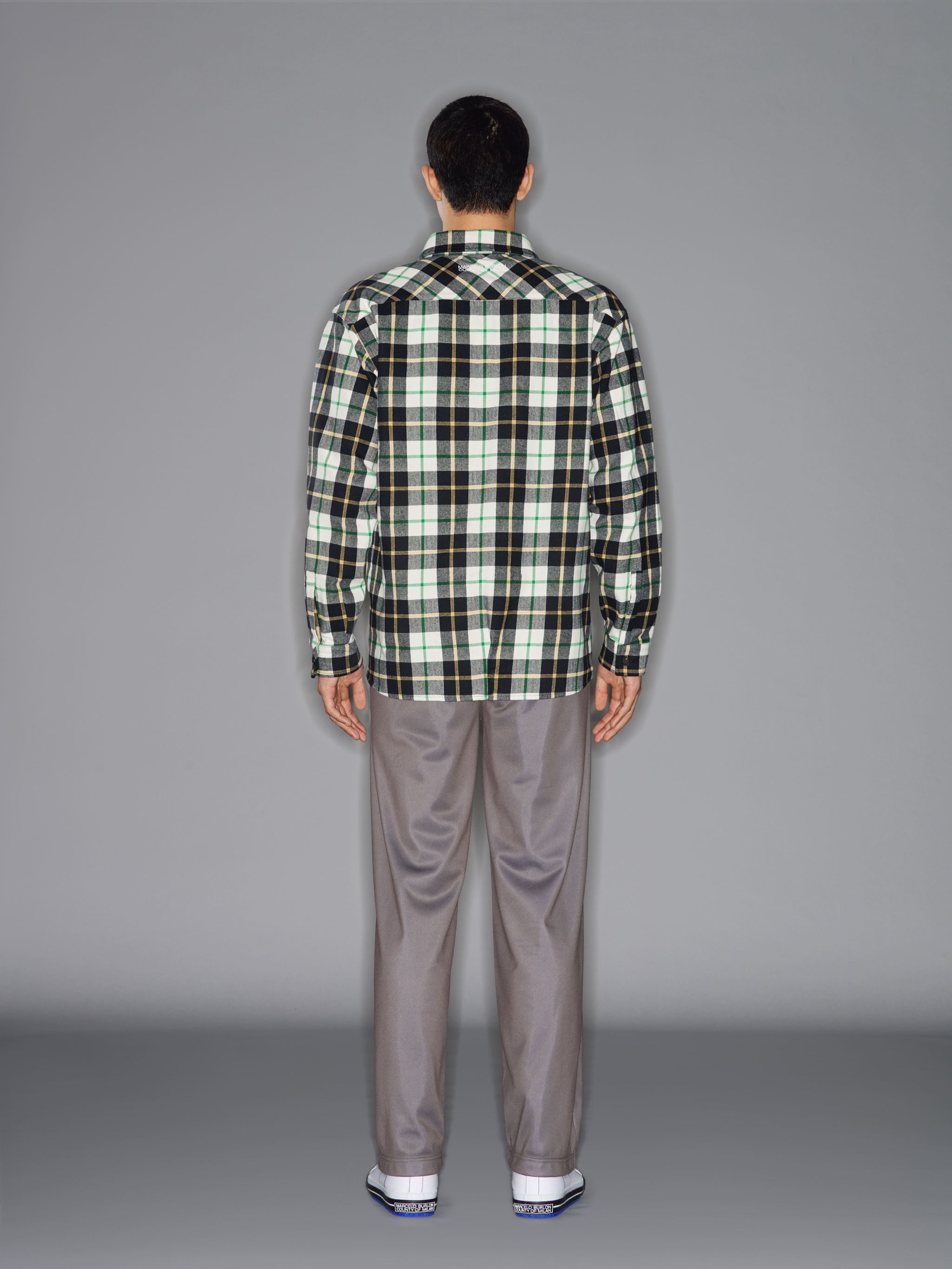 White/green/grey recycled cotton-blend Feather checked shirt from Marcelo Burlon County of Milan featuring logo print embellishment, check print, classic collar, front button fastening, long sleeves, buttoned cuffs and straight hem. POSITIVELY CONSCIOUS: This Planet Conscious product is crafted from certified recycled or upcycled materials, which helps you make a better choice for the environment as they generate less energy, save water and reduce the need for new raw materials. For recycled synthetic clothing products we highly recommend using a microfibre-catching washing bag to ensure that no microplastics that can pollute water are released in the process..