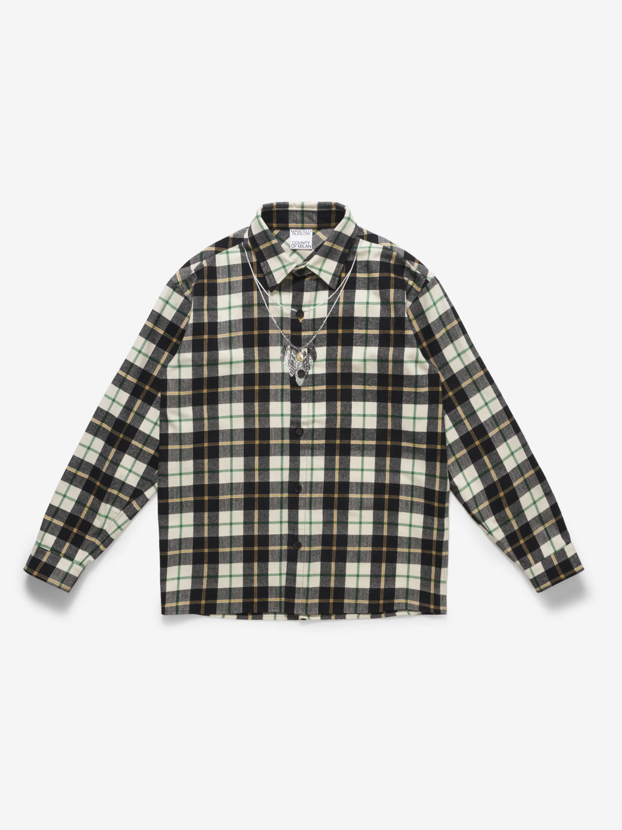 White/green/grey recycled cotton-blend Feather checked shirt from Marcelo Burlon County of Milan featuring logo print embellishment, check print, classic collar, front button fastening, long sleeves, buttoned cuffs and straight hem. POSITIVELY CONSCIOUS: This Planet Conscious product is crafted from certified recycled or upcycled materials, which helps you make a better choice for the environment as they generate less energy, save water and reduce the need for new raw materials. For recycled synthetic clothing products we highly recommend using a microfibre-catching washing bag to ensure that no microplastics that can pollute water are released in the process..
