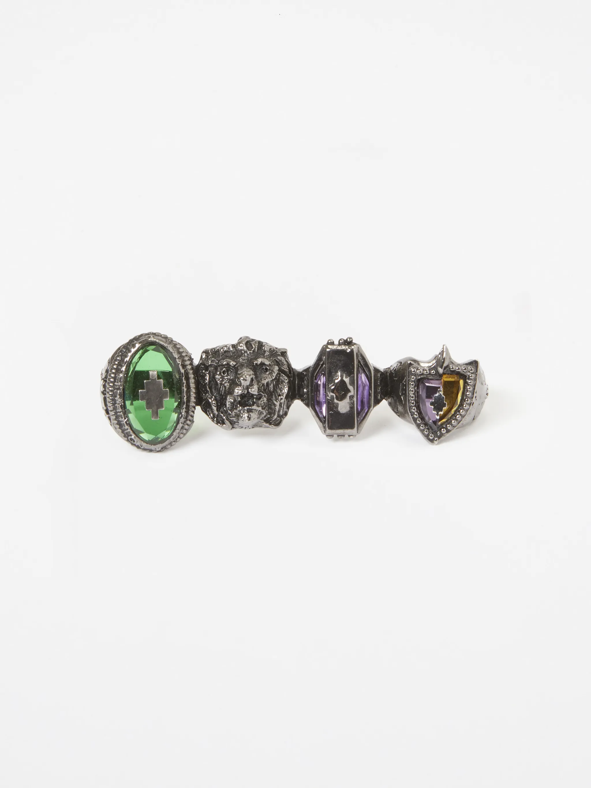 Multicolour metal four-finger signet ring from Marcelo Burlon County of Milan featuring signature four-stitch logo, engraved detail and crystal embellishment.