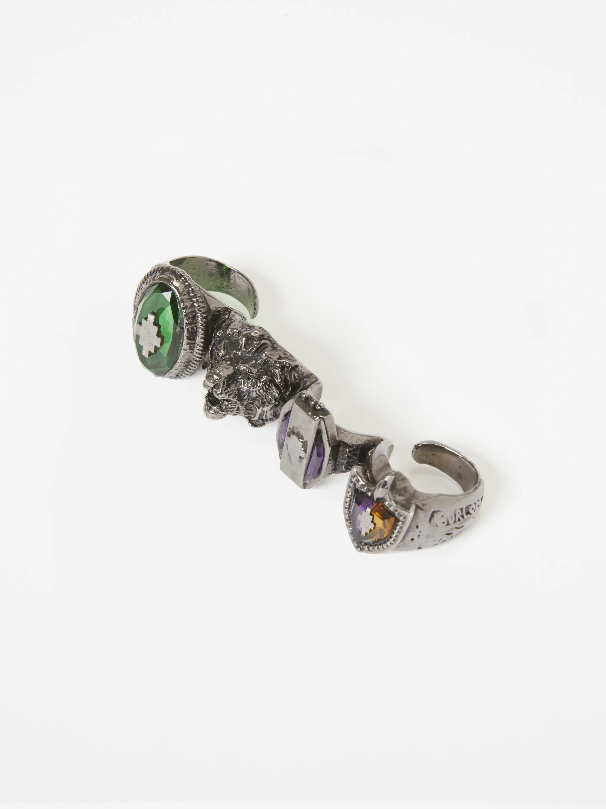 Multicolour metal four-finger signet ring from Marcelo Burlon County of Milan featuring signature four-stitch logo, engraved detail and crystal embellishment.