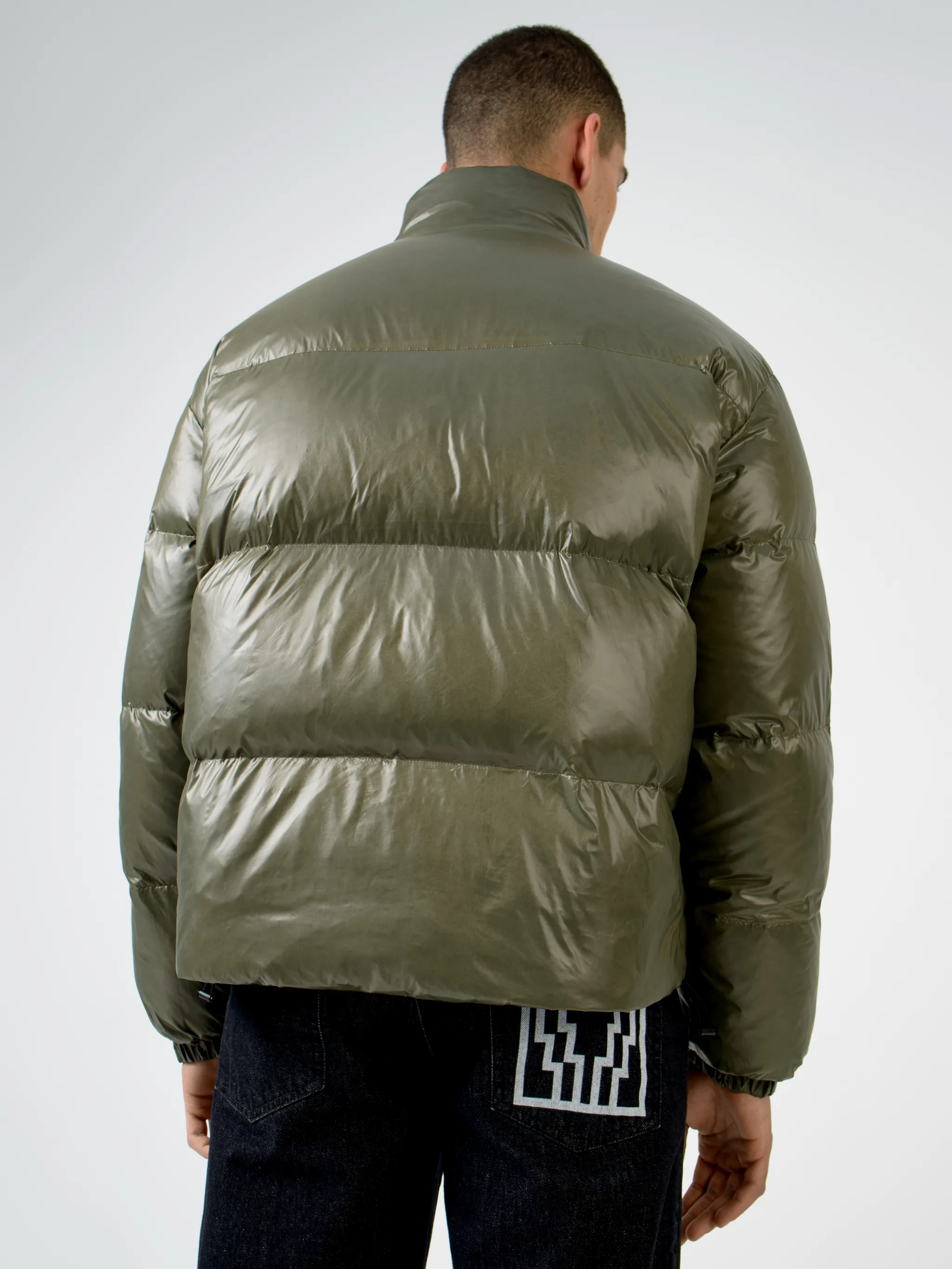 Black/white County logo print padded jacket from Marcelo Burlon County of Milan featuring all-over logo print, padded design, high neck, front zip fastening, two side patch pockets, long sleeves and straight hem.