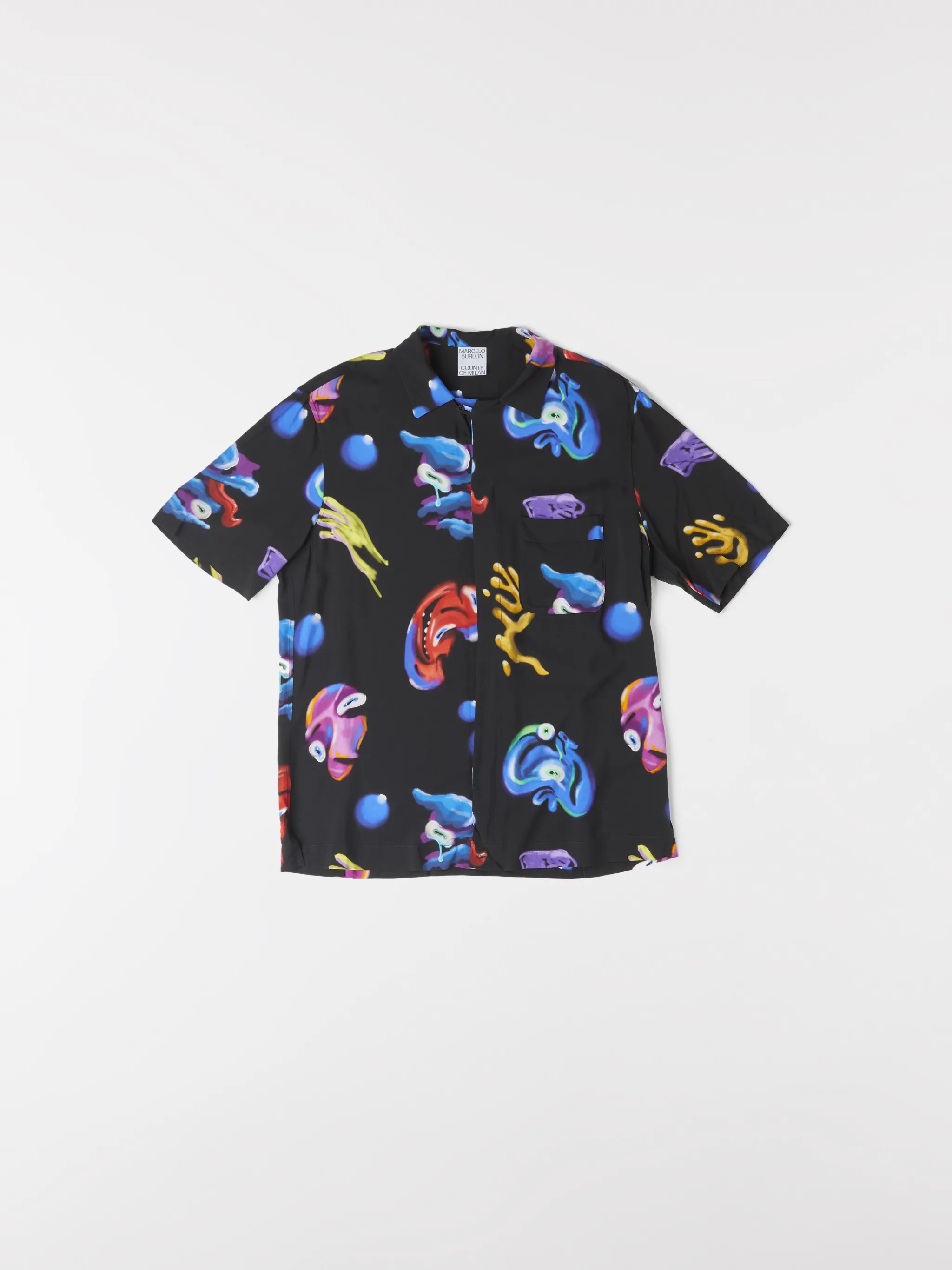 Black/multicolour Crazy Faces print shirt from Marcelo Burlon County of Milan featuring all-over logo print, spread collar, concealed front fastening, short sleeves and straight hem.