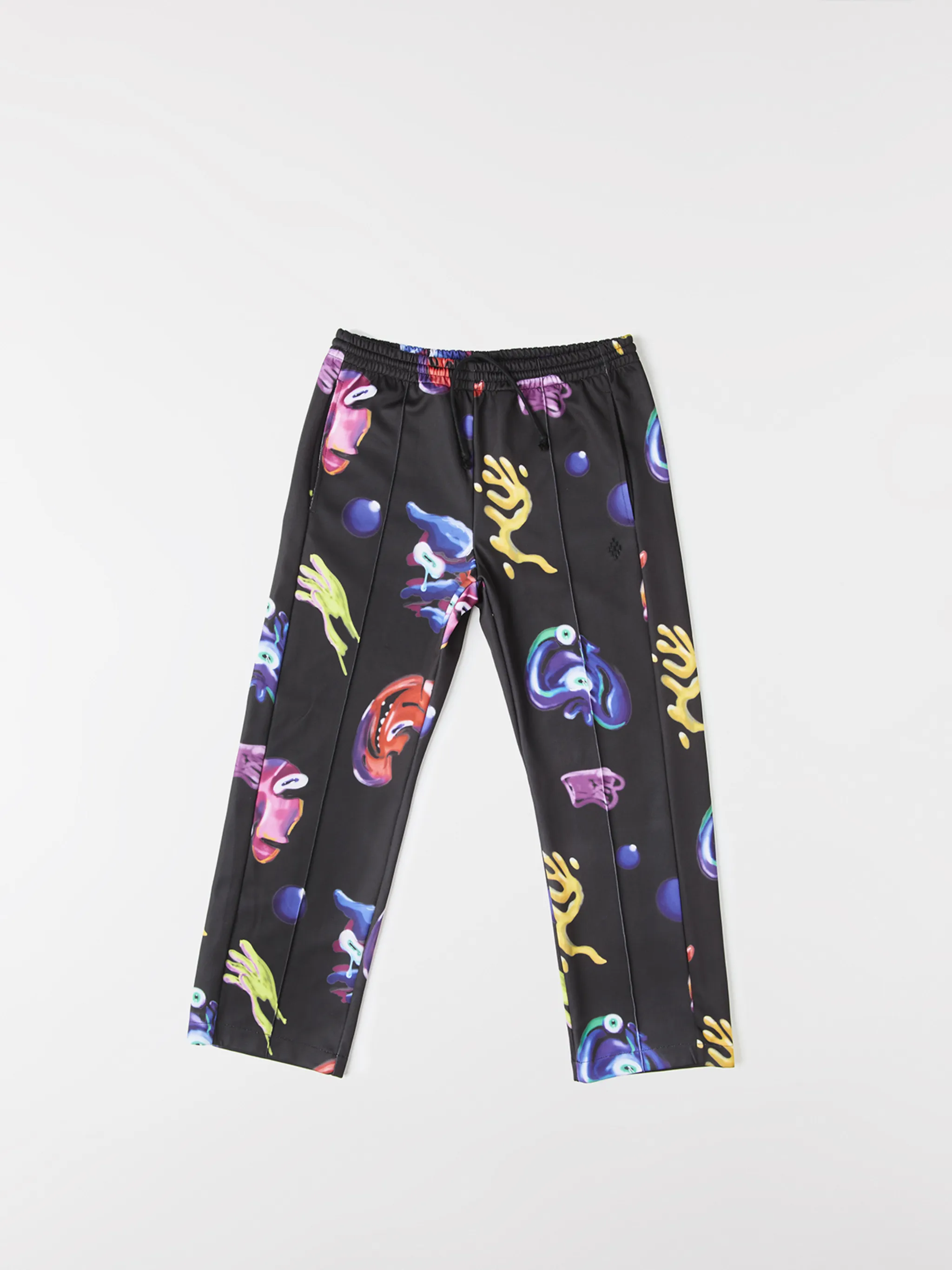 Black/multicolour cotton-blend Crazy Faces print track pants from Marcelo Burlon County of Milan featuring graphic print, elasticated waistband, drawstring fastening, piped-trim detailing, two side patch pockets and straight leg.